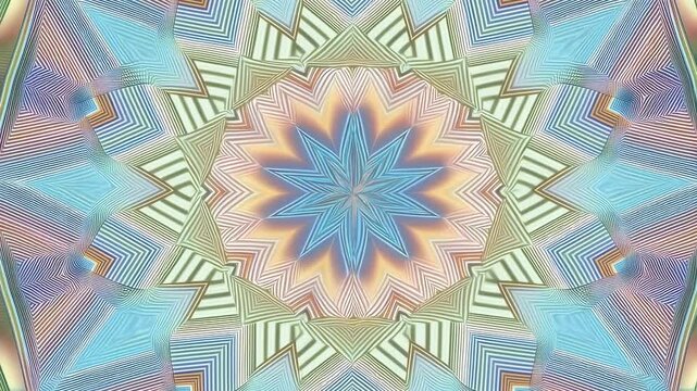 Colorful kaleidoscopic geometric patterns morph in a symmetrical digital abstract space. Event projection, digital art presentation, and decorative motion design.