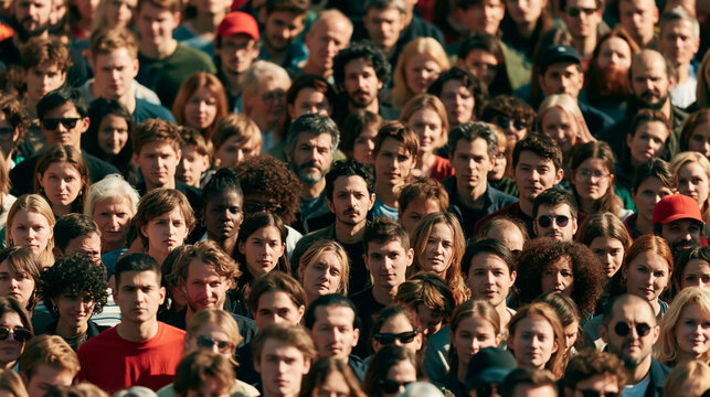 Large diverse crowd of people gathered together facing camera in outdoor public portrait