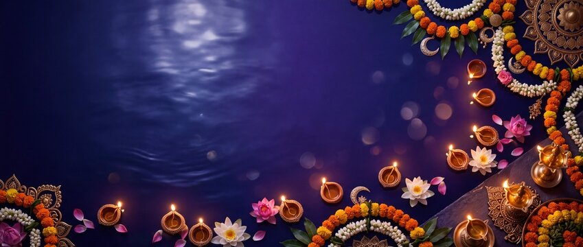 Glowing earthen lamps and floral garlands float on dark water during a traditional nighttime festival celebration