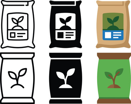 Fertilizer bag vector icon set. Line art, minimalist pictogram, and colorful flat illustrations of agriculture compost sacks with plant icons.