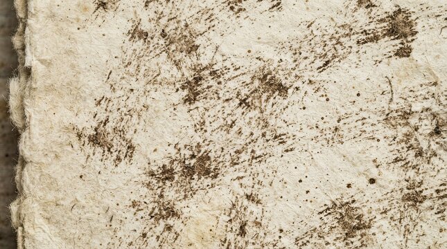 Closeup of handmade textured paper with dark brown organic fiber inclusions