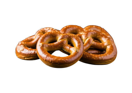 Golden Baked Pretzels: A cluster of freshly baked, golden-brown pretzels arranged invitingly, showcasing their classic knot shape and inviting texture, perfect for a snack or appetizer.