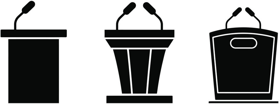 Vector Podium and Lectern Icon Set with Microphones in Solid Black Style for Public Speaking Presentation and Events