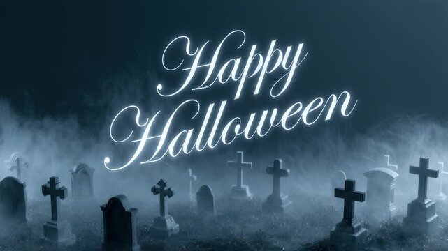 Happy Halloween lettering over a foggy graveyard with crosses and tombstones. Spooky holiday greeting and seasonal horror concept.