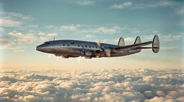 Classic Propeller Passenger Aircraft Cruising Above Clouds