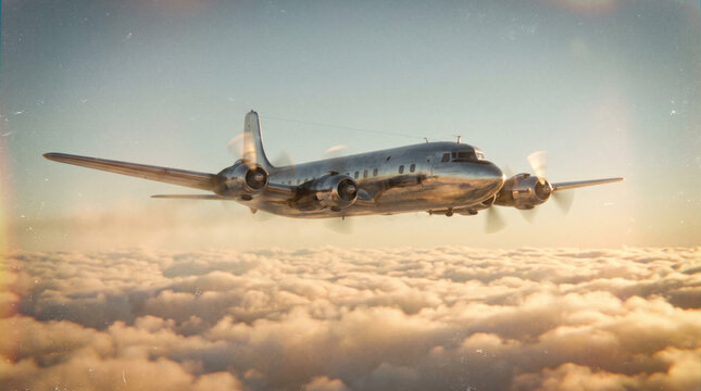 Vintage Four-Engine Passenger Airliner Flying Above Clouds