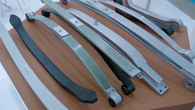 Composite leaf springs are elastic suspension components made from fiber-reinforced polymer materials. Closeup. Shot in motion