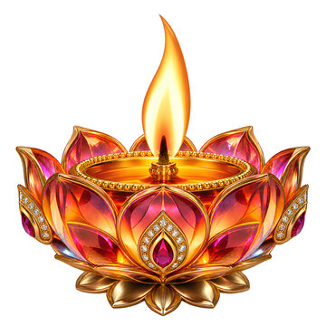 A beautiful glowing diya lamp shaped like a lotus flower with red crystals and gold details for diwali celebration