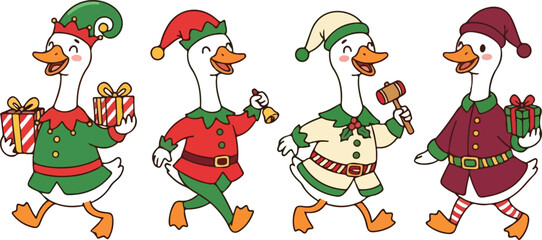 Naklejka premium Four cute cartoon geese dressed as christmas elves holding holiday presents and candy isolated on white background