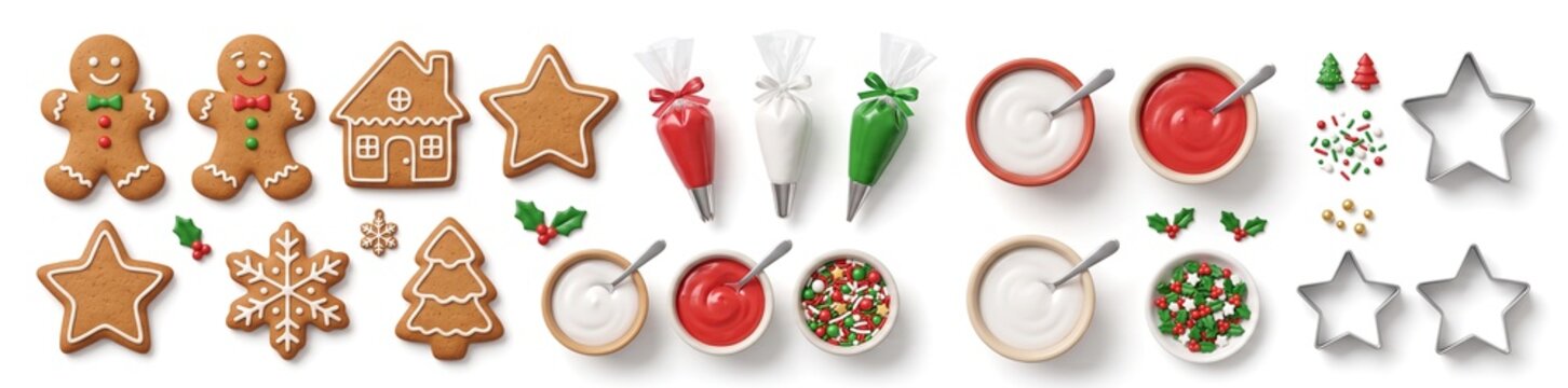 Gingerbread cookies in different shapes are arranged with bowls of frosting and sprinkles on a white background. Tools for decoration are also present. This scene shows a festive preparation
