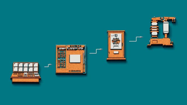 Grid dispatch balances rising demand as battery storage supports relay switching and breaker operation to restore line stability. Flat 3D style with smooth matte surfaces.