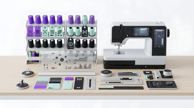 ModernSewingMachineAndAccessoriesOrganizedOnWorkSurface.