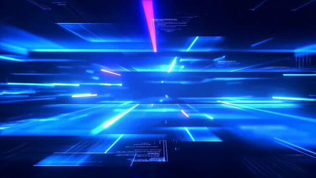 Blue and magenta light streaks stream through a futuristic digital tunnel. Technology presentations, software advertising, and cybersecurity media.