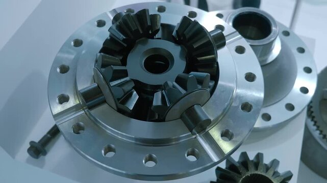Samples of new truck differentials are on display at the exhibition. Closeup. Shot in motion