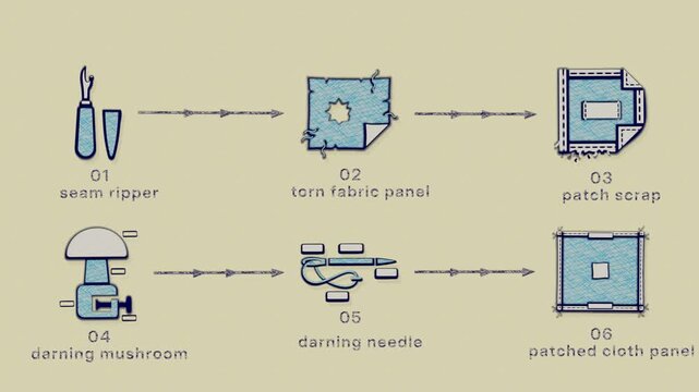 A torn textile is opened, patched, darned, and returned to service through careful salvage and reuse. Flat 3D style with a coloured pencil texture; objects numbered and labelled in English.