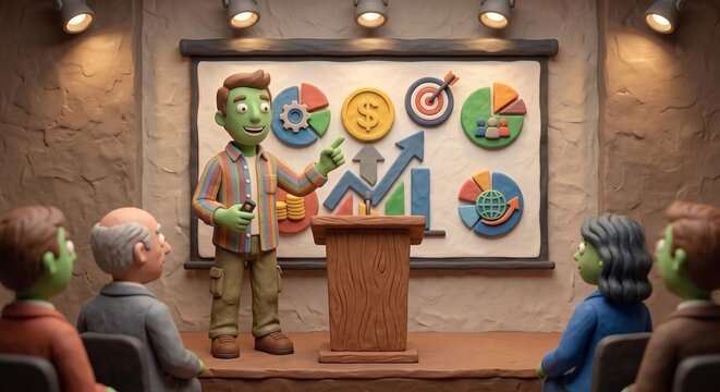 3D claymation style illustration of a businessman at a podium presenting financial growth charts, targets, and business strategy to an audience during a corporate office meeting.