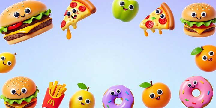 Cartoon hamburger pizza donut and orange fruit float against a light lavender backdrop burger