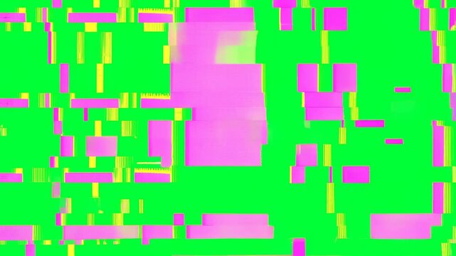 Neon digital glitch blocks flicker and fragment across an abstract electronic field. Technology presentations, cybersecurity media, and digital transition sequences.