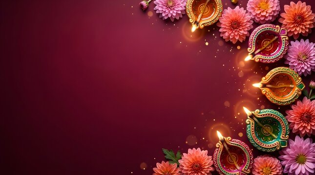 Traditional diwali oil lamps with colorful flowers on dark red background