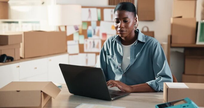 Logistics, typing or black woman in office with laptop, order control or review monitor on webstore. Reading, digital or entrepreneur with tech, delivery status or customer feedback on ecommerce site