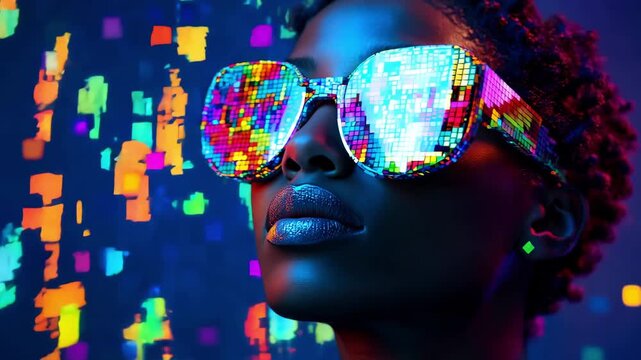 A black woman stands with pixelated sunglasses while colorful lights illuminate the background in a dark setting
