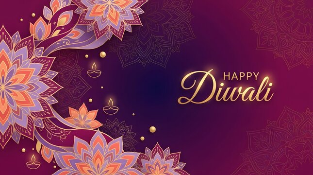 Elegant happy diwali greeting card with decorative mandala and purple background