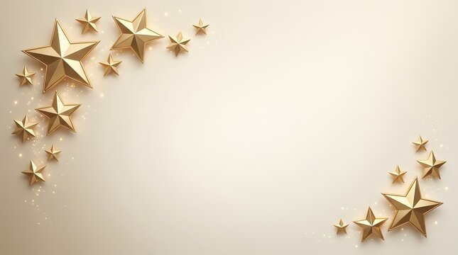 Elegant golden star decorations arranged on a soft beige background surface