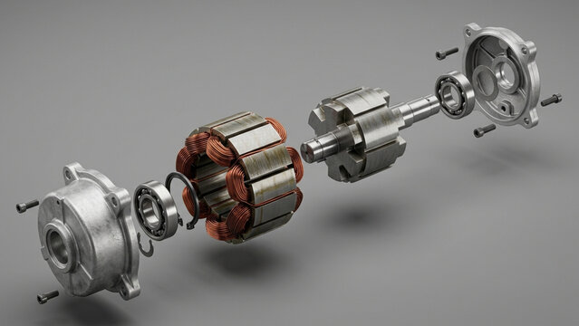 Exploded view of an electric motor showing its internal components and detailed construction.