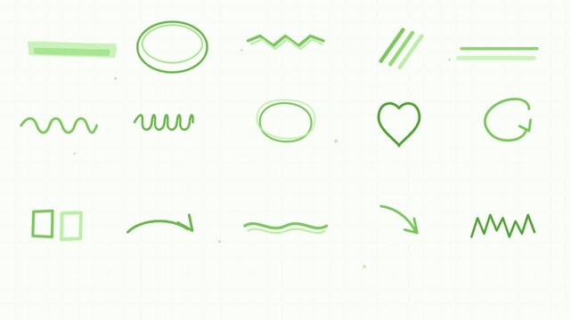 Green hand drawn doodle shapes and arrows animating on light background