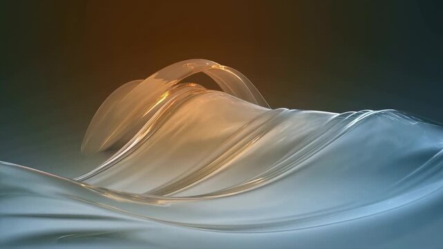 Abstract flowing waves curl through a dark atmospheric gradient with translucent blue and silver ribbons. Brand presentation, wellness promotion, and website hero.