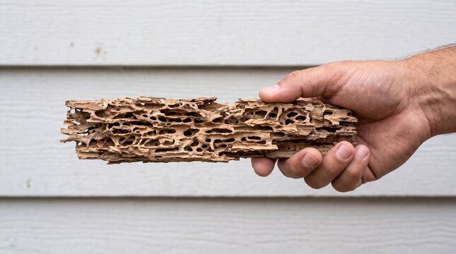 Hand holding piece of termite damaged rotting timber plank near house siding. Homeowner inspecting structural pest destruction during building maintenance.