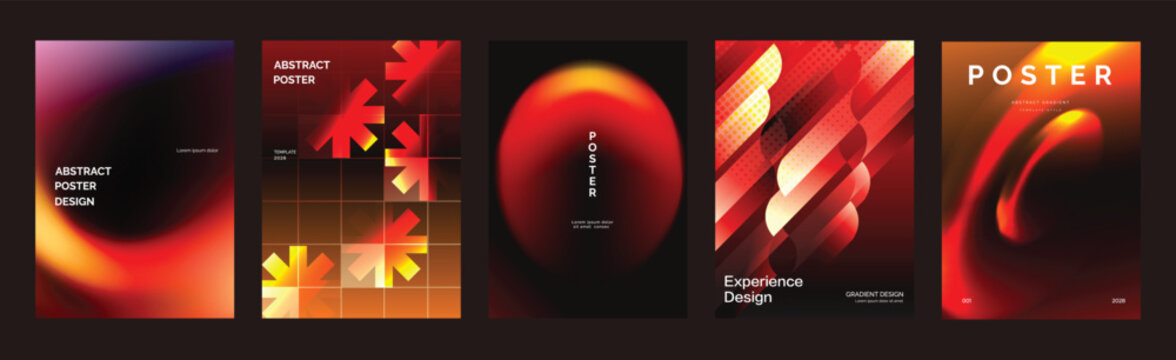 Abstract vector gradient poster collection with red orange glow, dark backgrounds, geometric forms and dynamic modern cover designs