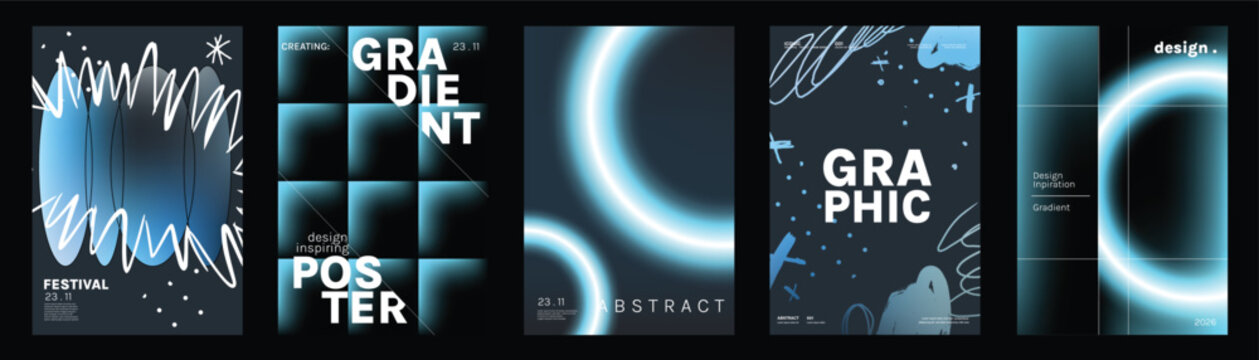 Abstract vector graphic poster collection in black blue and cyan with glowing rings, wave lines, bold typography and futuristic layouts