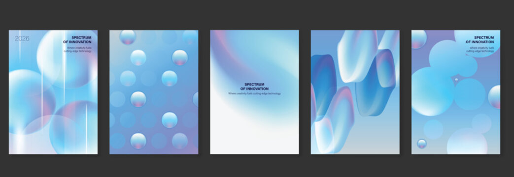 Abstract vector gradient poster collection with soft blue pastel spheres, fluid 3D shapes and clean modern cover templates