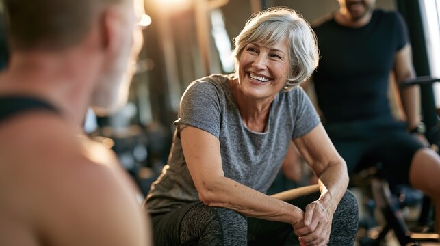 Cheerful senior woman smiling and talking with her personal trainer during a workout break at the gym.