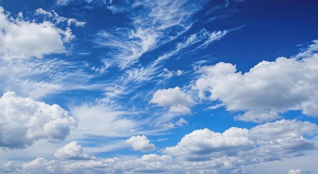 Bright blue sky filled with wispy cirrus and fluffy cumulus clouds over a daytime horizon