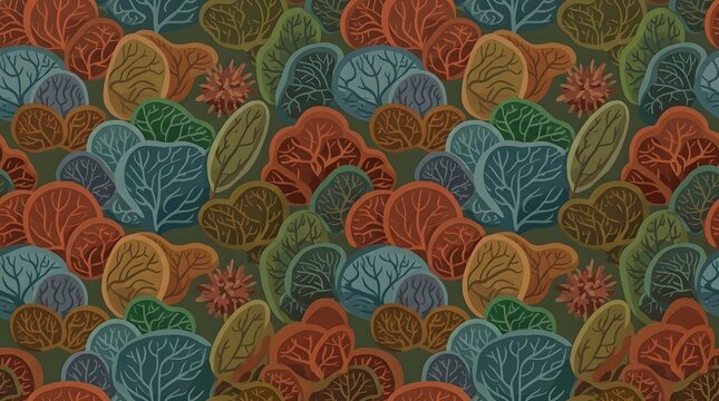 Colorful repeating scallop pattern with stylized botanical shapes in muted teal, orange, green, and earthy tones.