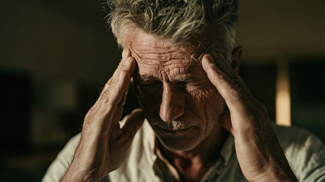 Senior man in distress, pressing his hands to his temples with closed eyes, showing a pained expression and deep wrinkles.
