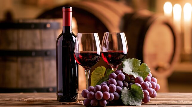Red Wine Grapes Barrel Still Life, Wine Cuisine