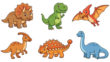 Cute Dinosaur Vector Set with Triceratops Tyrannosaurus Rex Pterodactyl Parasaurolophus Ankylosaurus and Brachiosaurus Icons for Kids Design © renu
