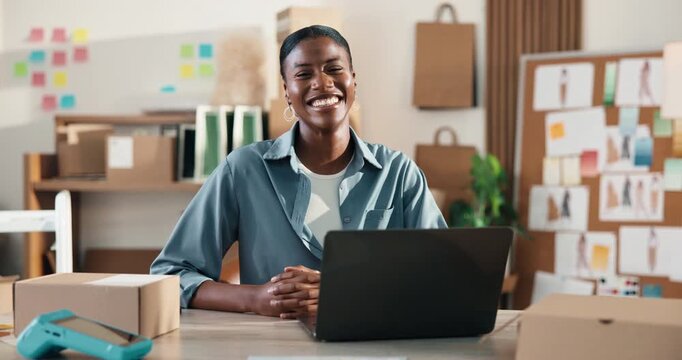 Black woman, face and laptop in small business for logistics, designer and stock management. Entrepreneur, tech or happy in office for website update, fashion branding and empowerment with confidence