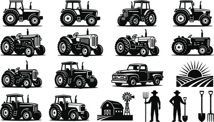 Farm tractor vehicle icon collection with agriculture elements barn field sunset tools truck farmer graphic emblem set © MSTRAZINA