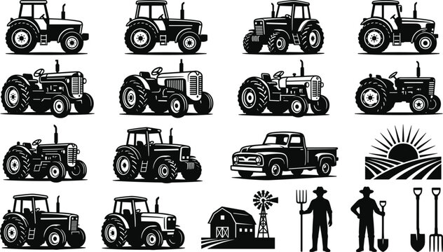 Farm tractor vehicle icon collection with agriculture elements barn field sunset tools truck farmer graphic emblem set