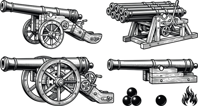 Vintage cannon artillery vector collection containing historical military weapons cannonballs gunpowder flame engraved black line graphics