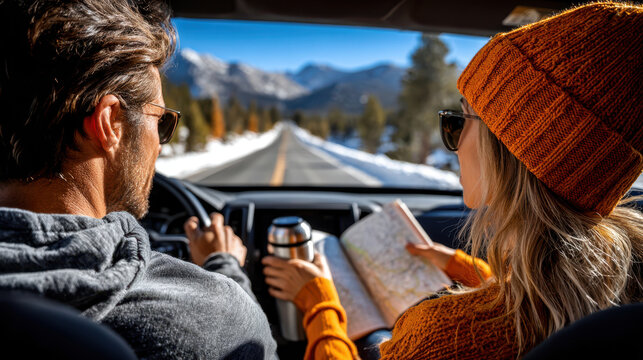Couple on a winter road trip inside modern car with driver and co-pilot map reading toward mountain highway for travel marketing, adventure planning and navigation lifestyle imagery