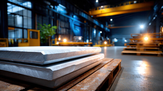 Stacked metal sheets on pallet inside night shift warehouse for transport and industrial production background use