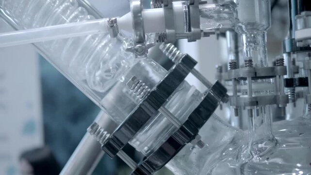 A chemical reactor with a large number of glass and stainless steel tubes, various vessels and flasks for the necessary chemical reactions. Closeup. Shot in motion. Follow focus