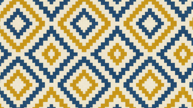 Geometric aztec pattern with repeating diamond shapes in blue, yellow, and cream generated using ai