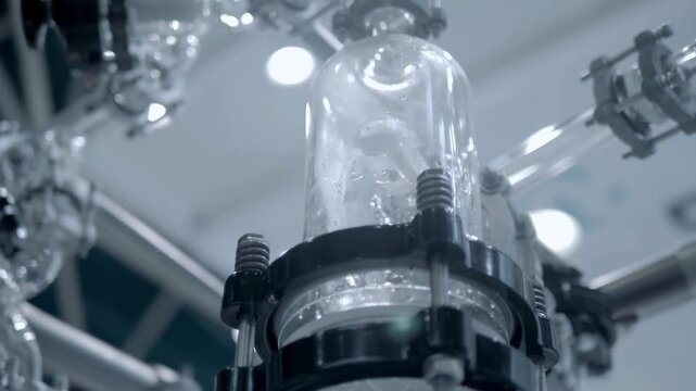 A chemical reactor with a large number of glass and stainless steel tubes, various vessels and flasks for the necessary chemical reactions. Closeup. Shot in motion. Follow focus