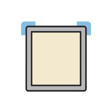 Graphic of a framed square with blue corner tabs